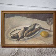 Vintage painting, still life fish painting, signed painting, wall decoration, home decor