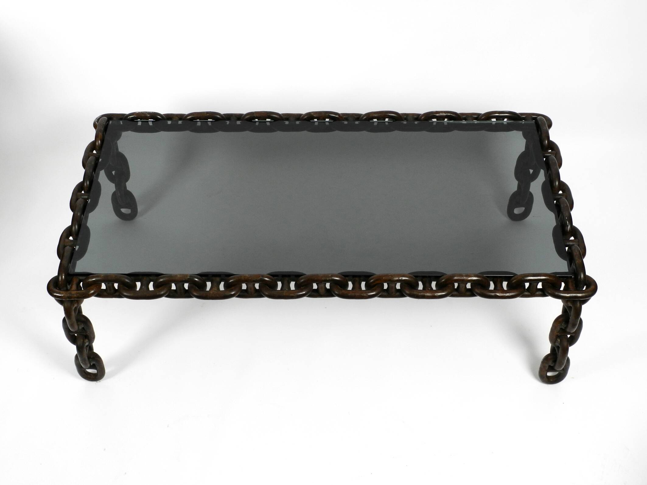 1970s XL Coffee Table Made of Nautical Iron Chain and a Thick Smoked Glass