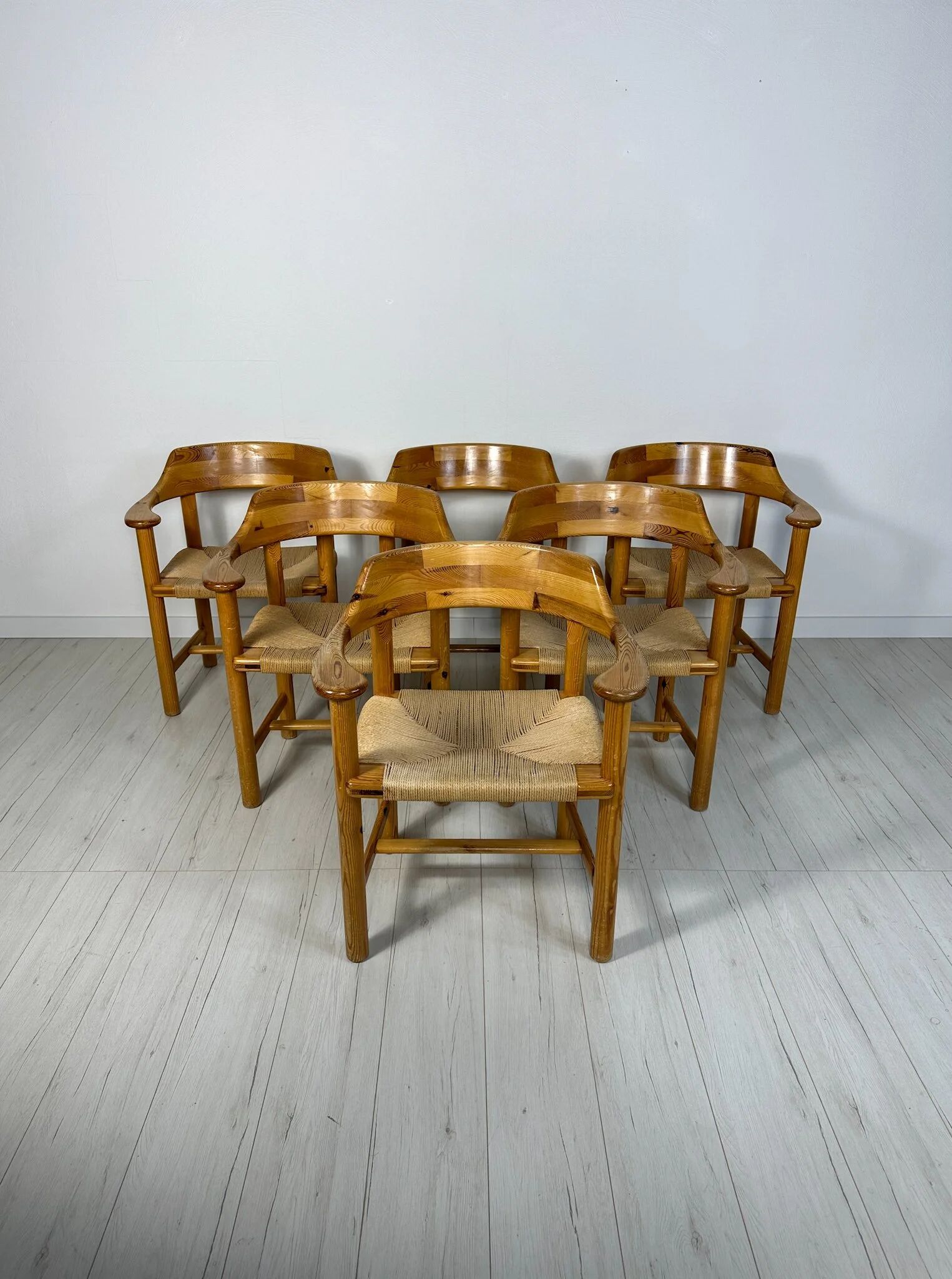 1970s Set of 6 Vintage Pine Dining Armchairs by Rainer Daumiller