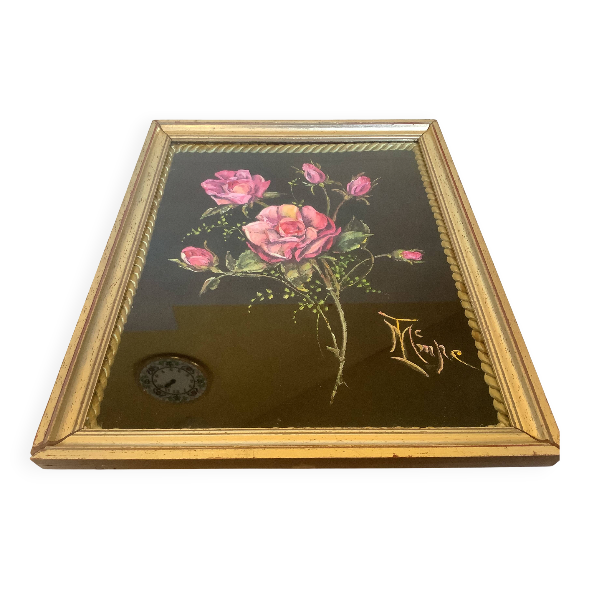 Tableau bouquet de fleurs peint sur velours signée