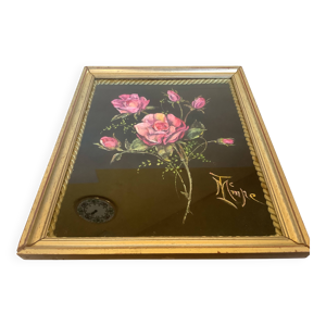 Tableau bouquet de fleurs peint sur velours signée