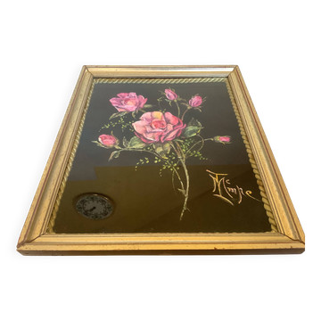Tableau of a bouquet of flowers painted on velvet, signed.