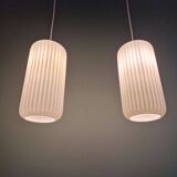 Pair of ribbed white opaline pendants, Philips, 1960s