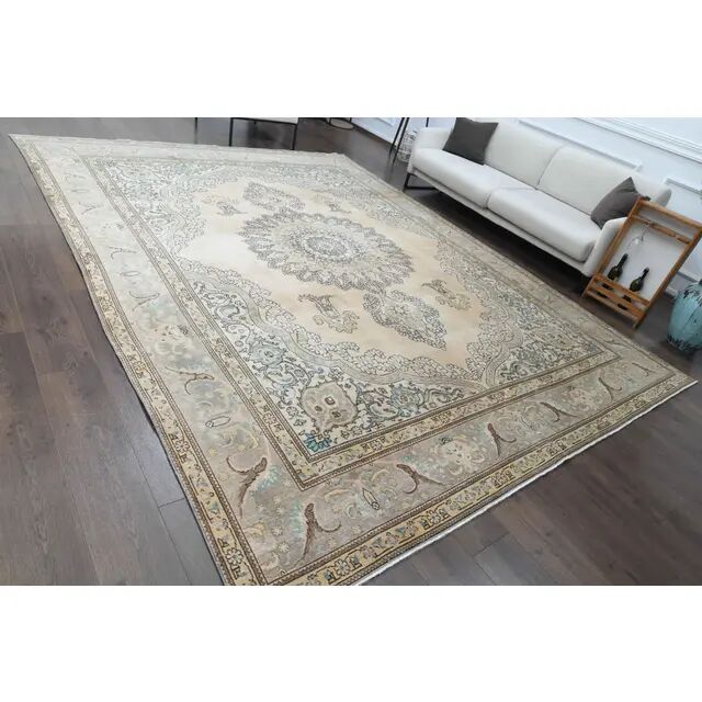 1960s Vintage Persian Handmade Wool Cotton Beige Area Rug 290x385