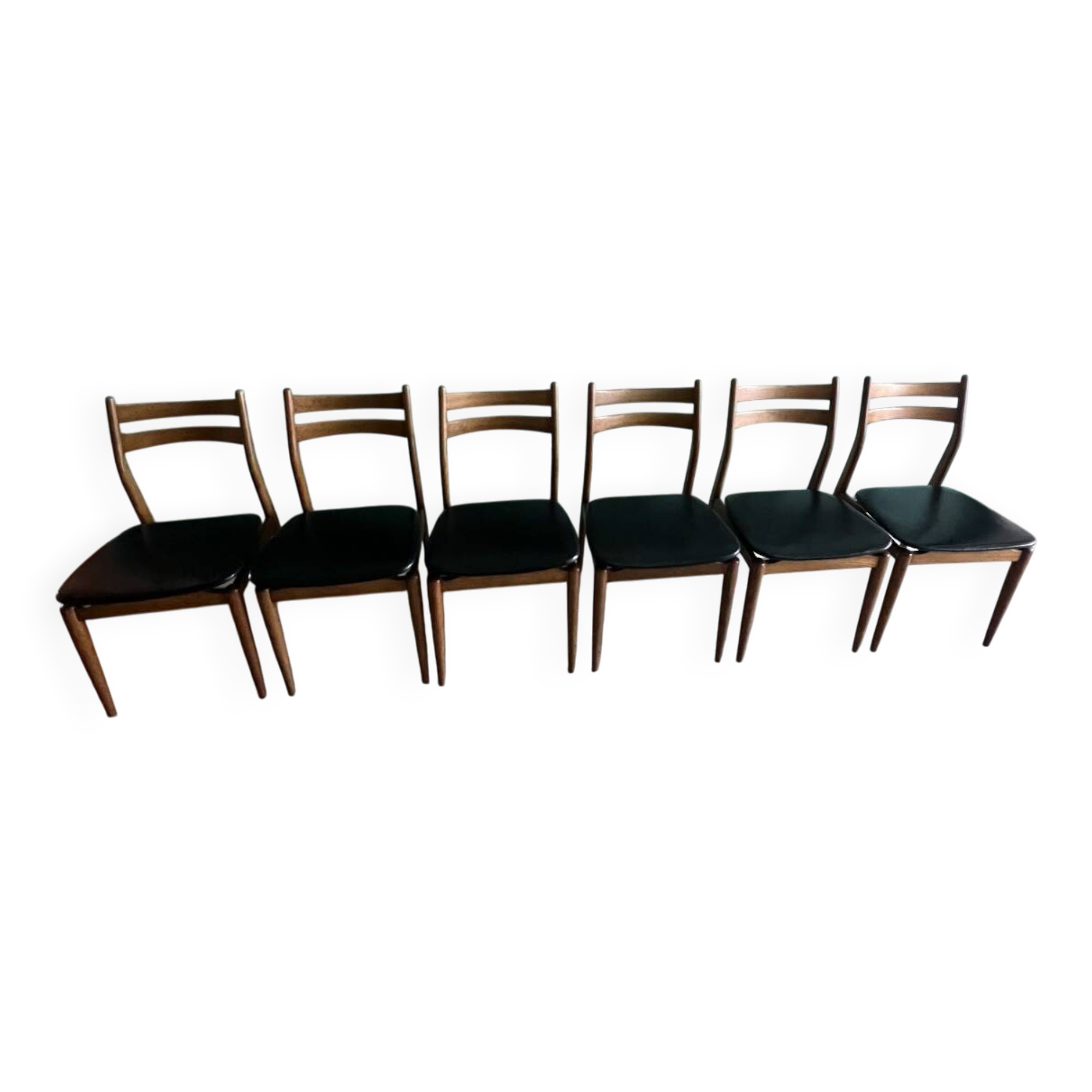 Set of six vintage scandinavian chairs. black faux leather seat, eros edition from around 1960.