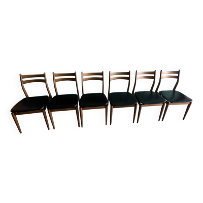 Suite de six chaises vintage scandinaves. assise en skaï noir, édition eros vers 1960