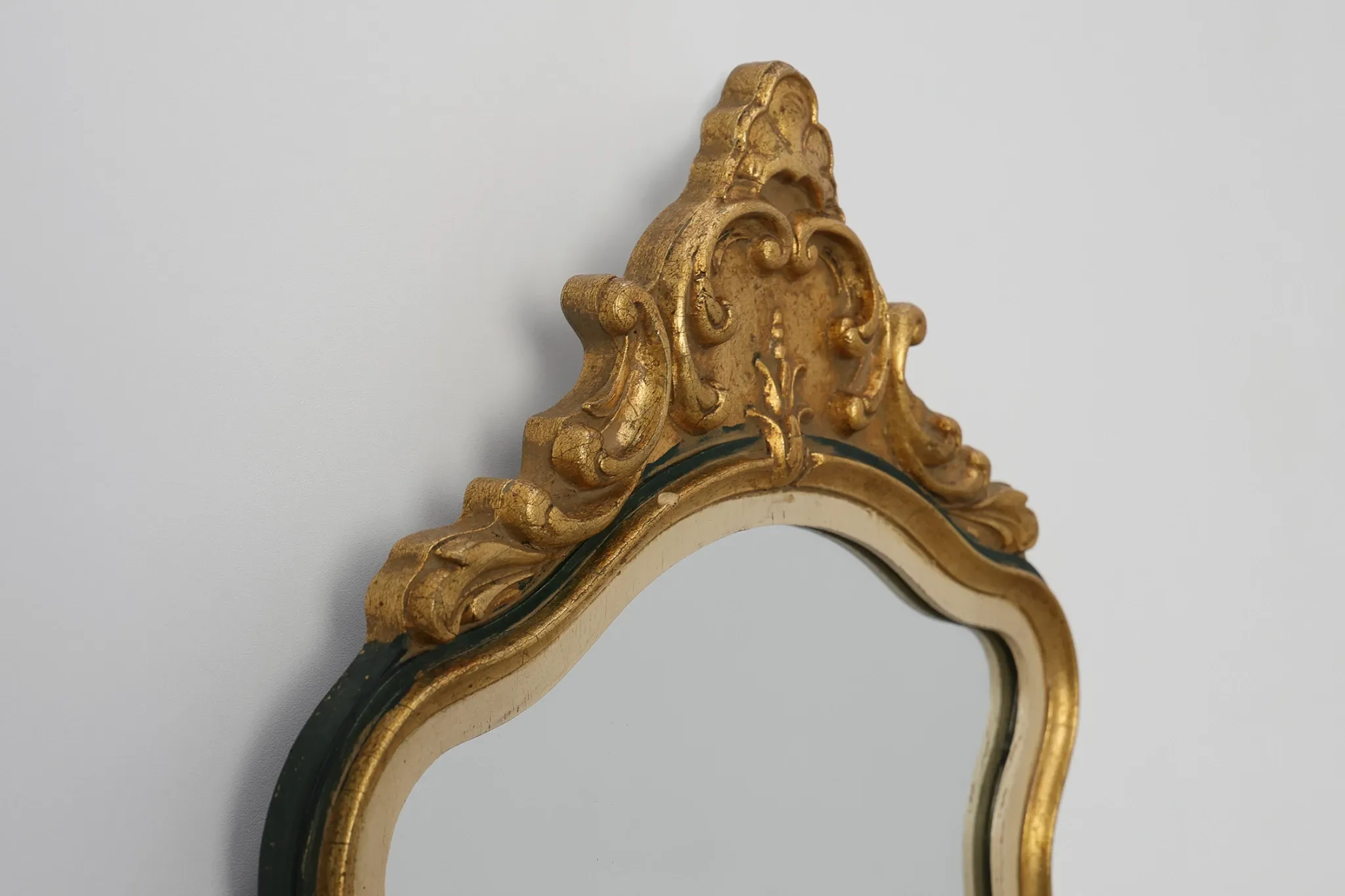 Small Louis XV Style Gilt Mirror with Green and Cream Frame, Italy, 20th Ce