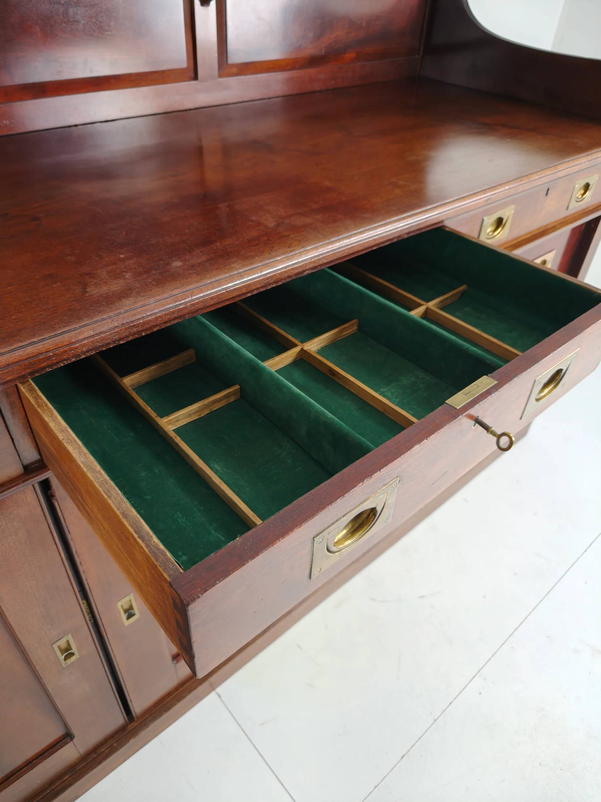 Early 20th-century English mahogany dresser / sideboard – brass campaign hardware