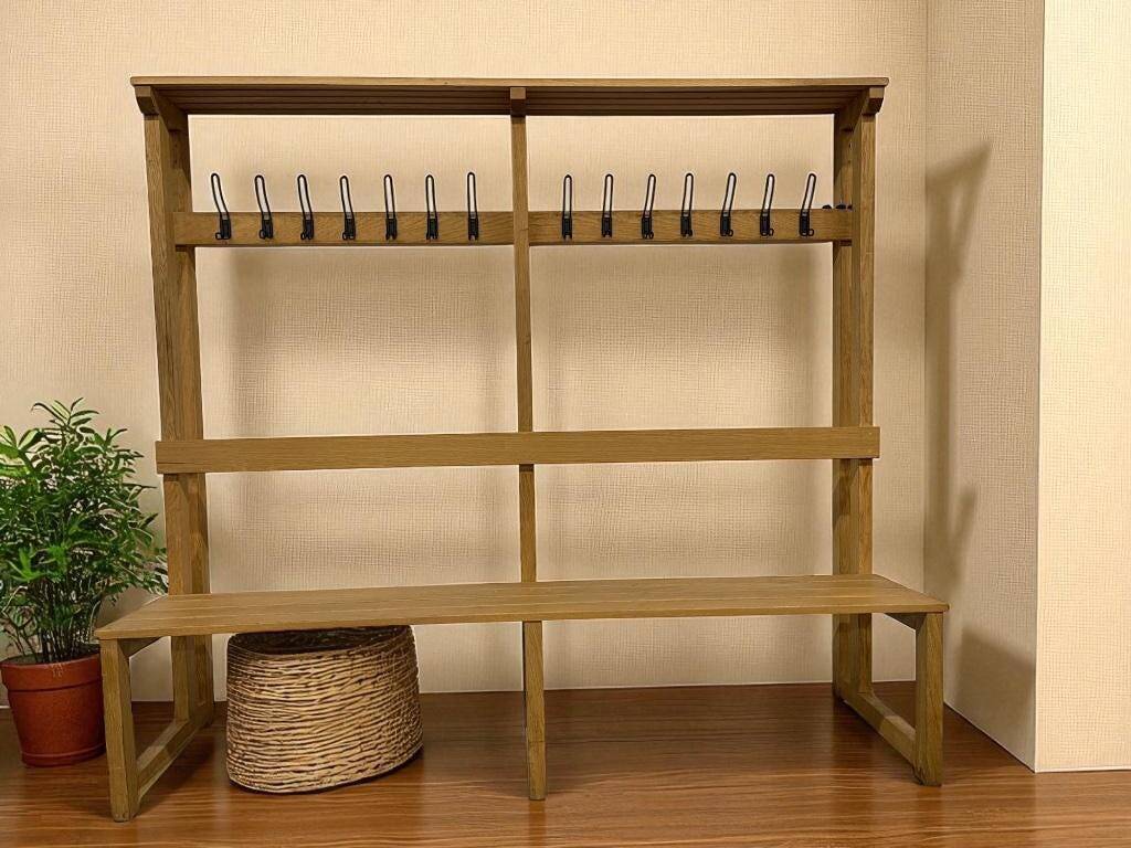 Vintage XL wooden coat rack with bench