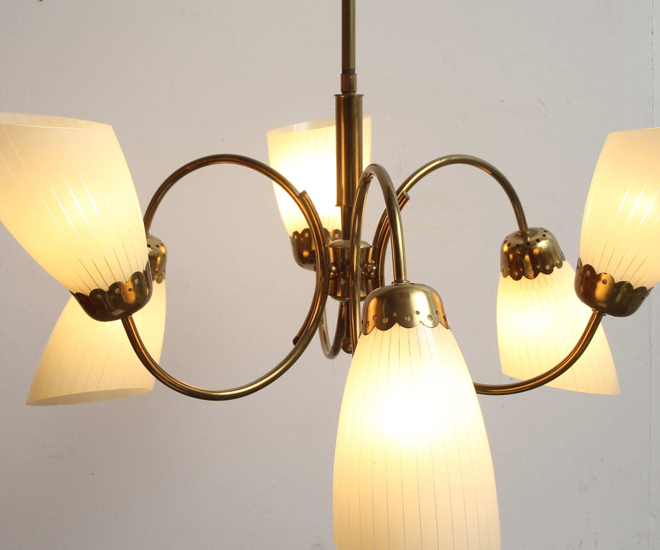 1950s chandelier in brass and glass