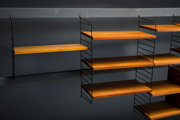 Étagère murale modulaire en teck par Nils Strinning pour corde, années 1960, ensemble de 29