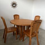 French design pine table and chair set from the 70s brutalist vintage arcs