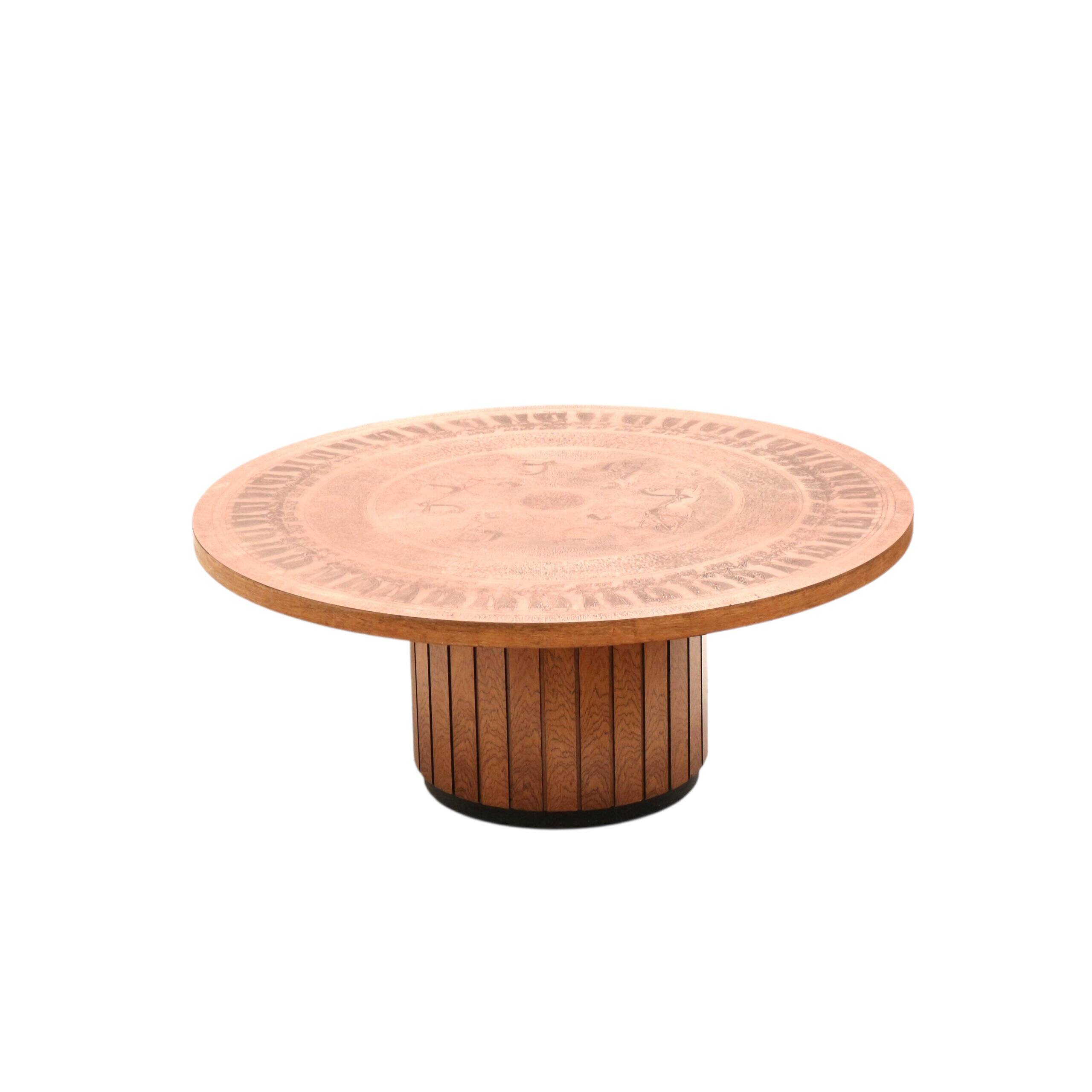 Round vintage brutalist coffee table by VAD Trævarefabrik with copper top