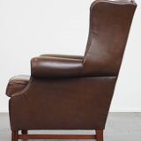 Large Dark Brown Cowhide Leather Wingback Chair