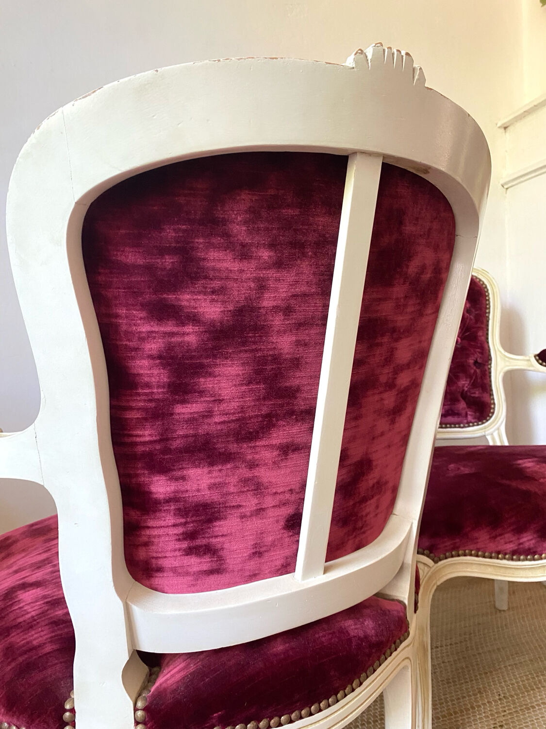 Pair of Louis XV style upholstered velvet armchairs