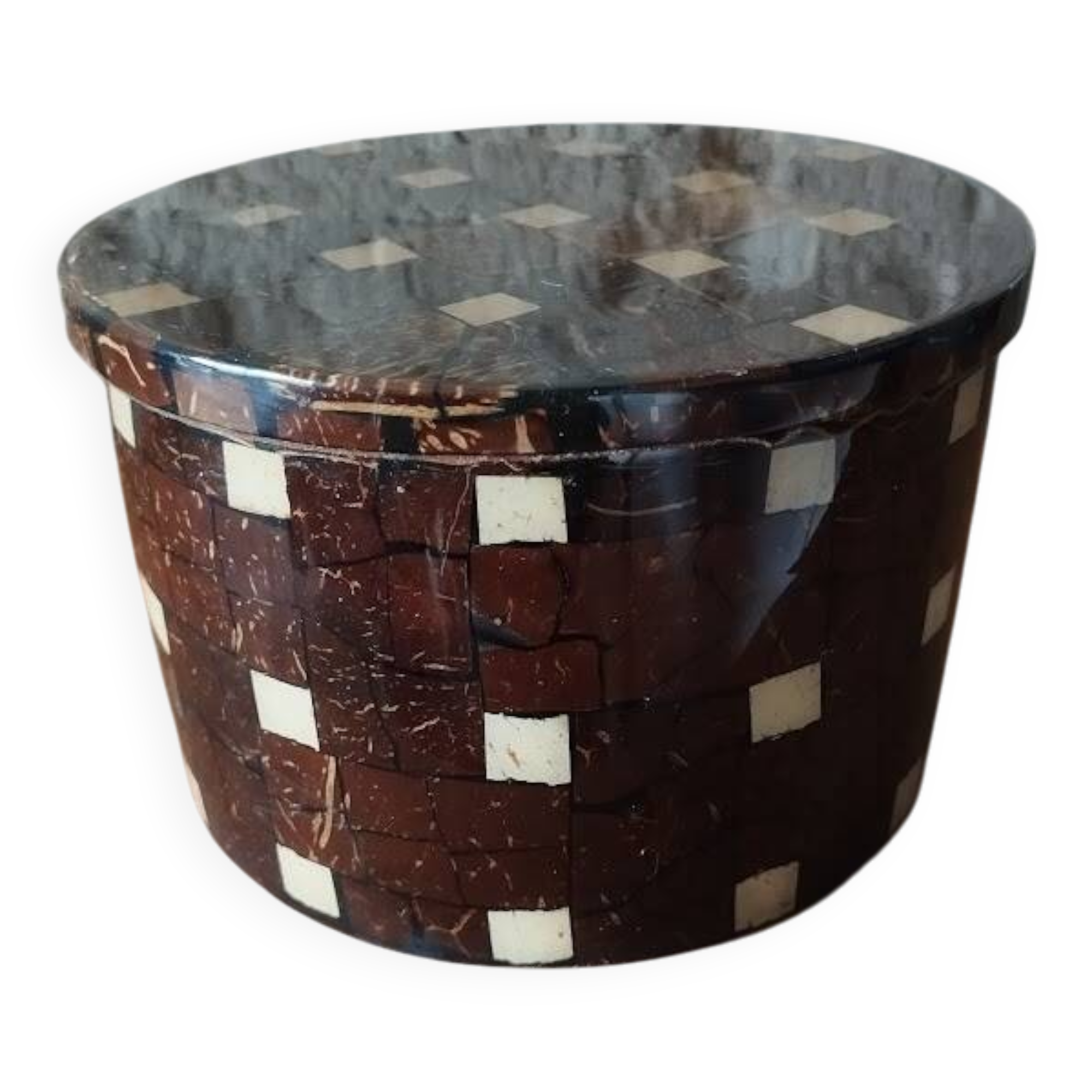 Vintage marquetry wooden jewellery box, velvet interior – 1950s/70s