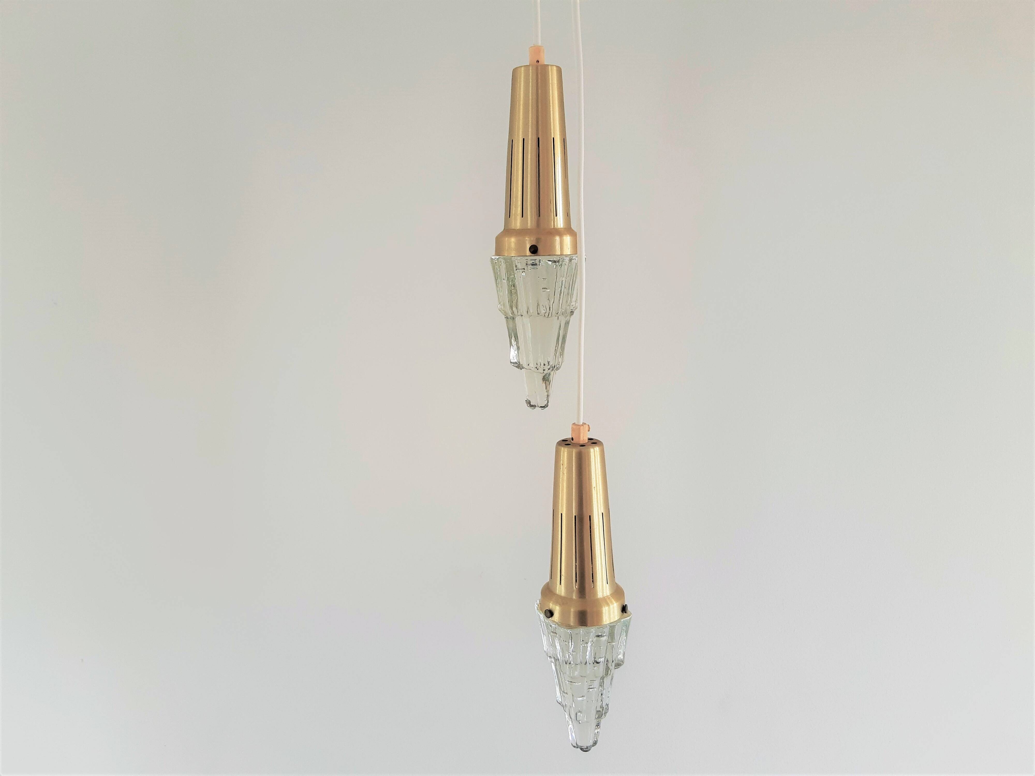 Set of 2 vintage glass & brass icicle pendant lamps for Vitrika, Denmark, 1960's/1970's