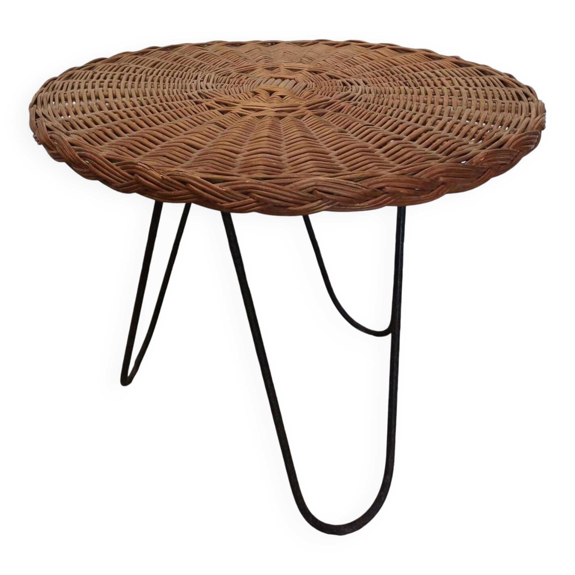 Vintage round rattan and metal coffee table