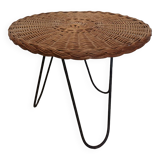 Vintage round rattan and metal coffee table