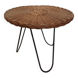 Table basse ronde en rotin et métal vintage