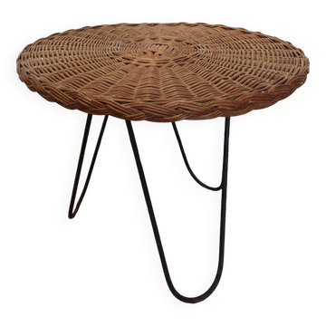 Table basse ronde en rotin et métal vintage