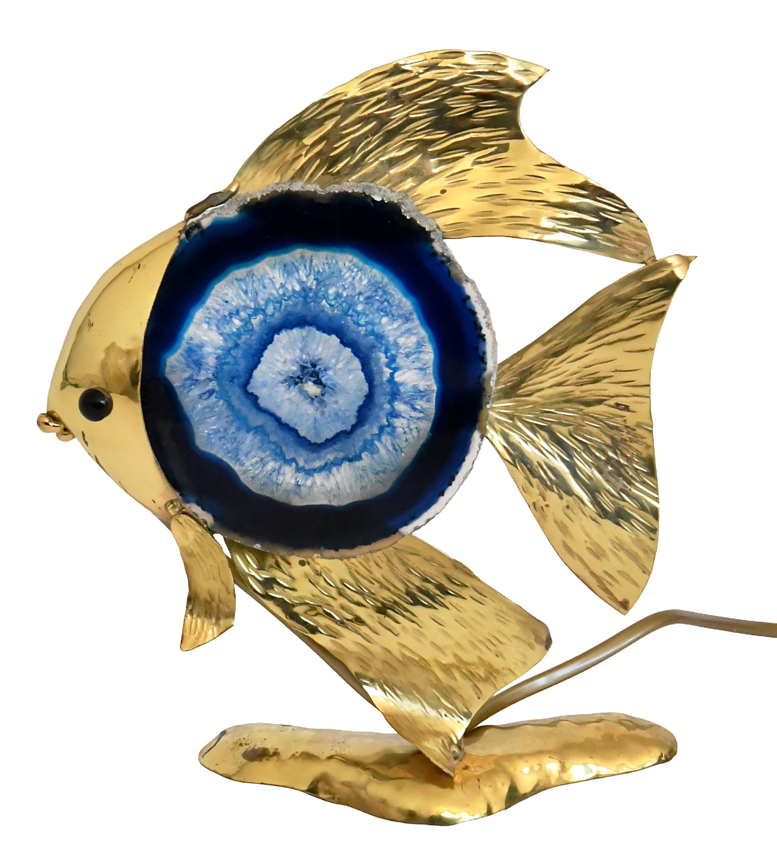 Angel fish lamp in gold metal and blue agate