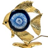 Angel fish lamp in gold metal and blue agate
