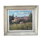 Oil on panel: Landscape, village in the countryside