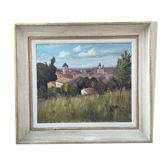 Oil on panel: Landscape, village in the countryside