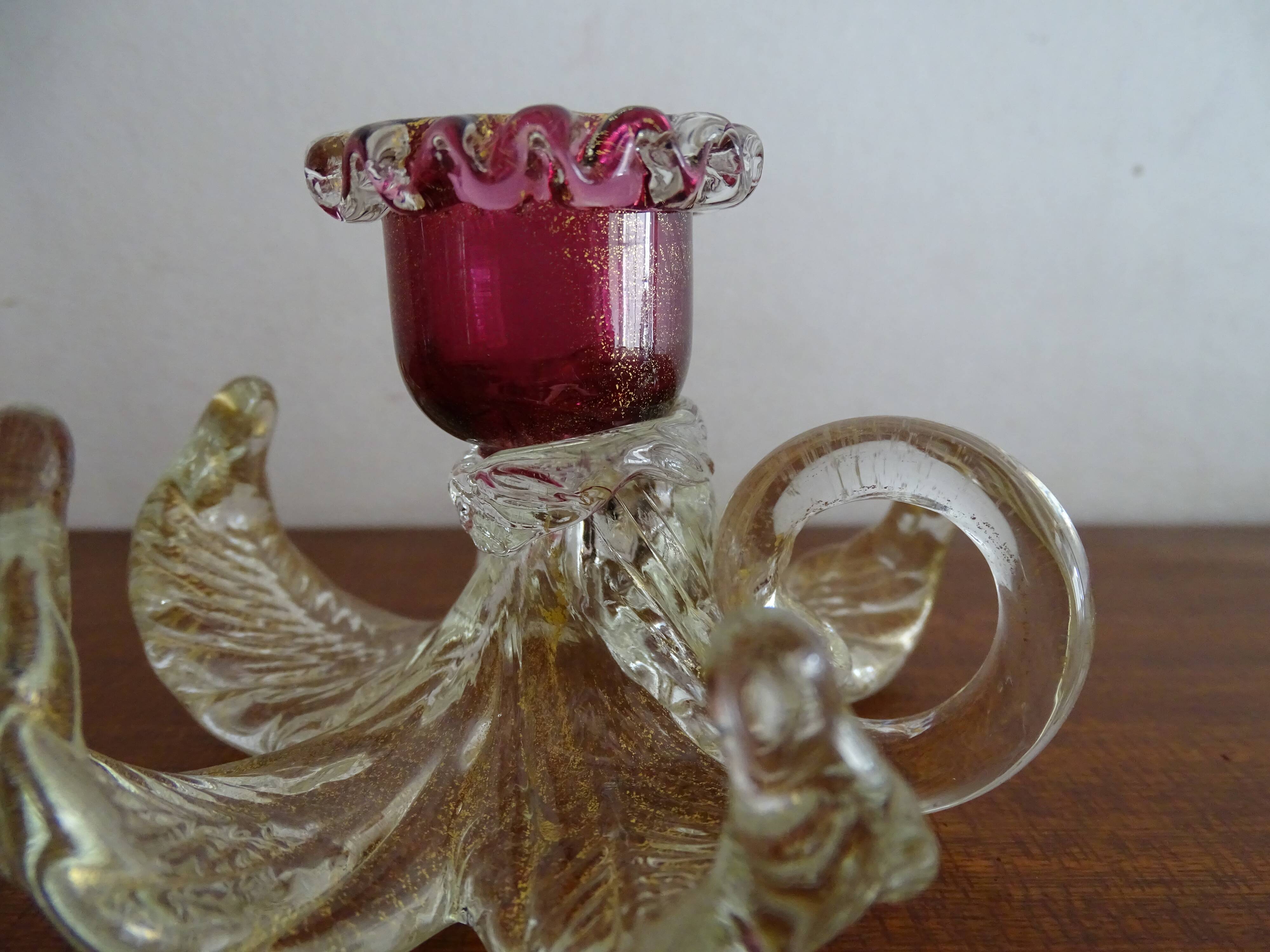 Bougeoir fleur verre  Murano poudre d'or