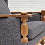 1970s, highback Danish armchair with footstool, furniture wool fabric, oak.