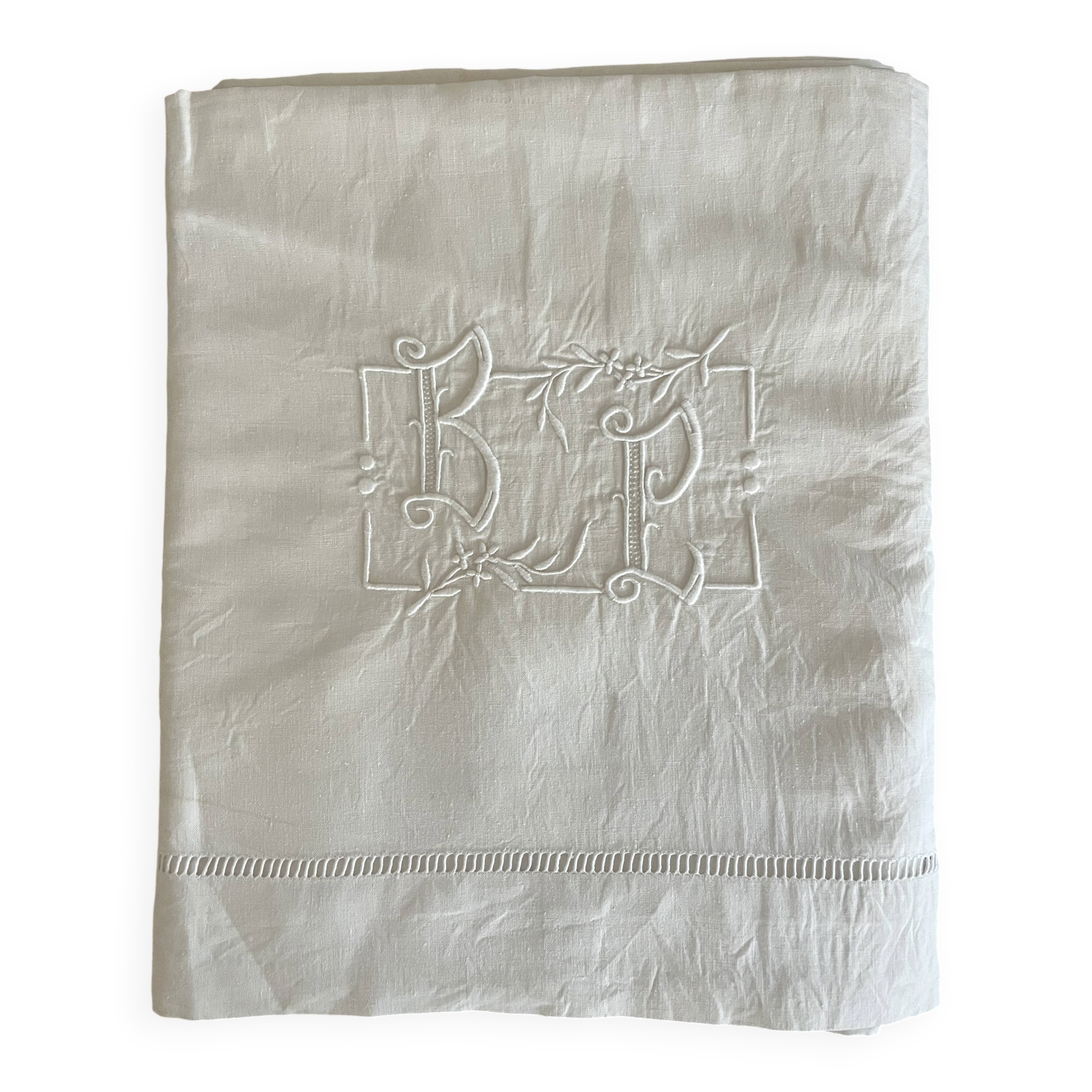 Drap ancien monogrammé BL - Toile métis "Fleur bleue"