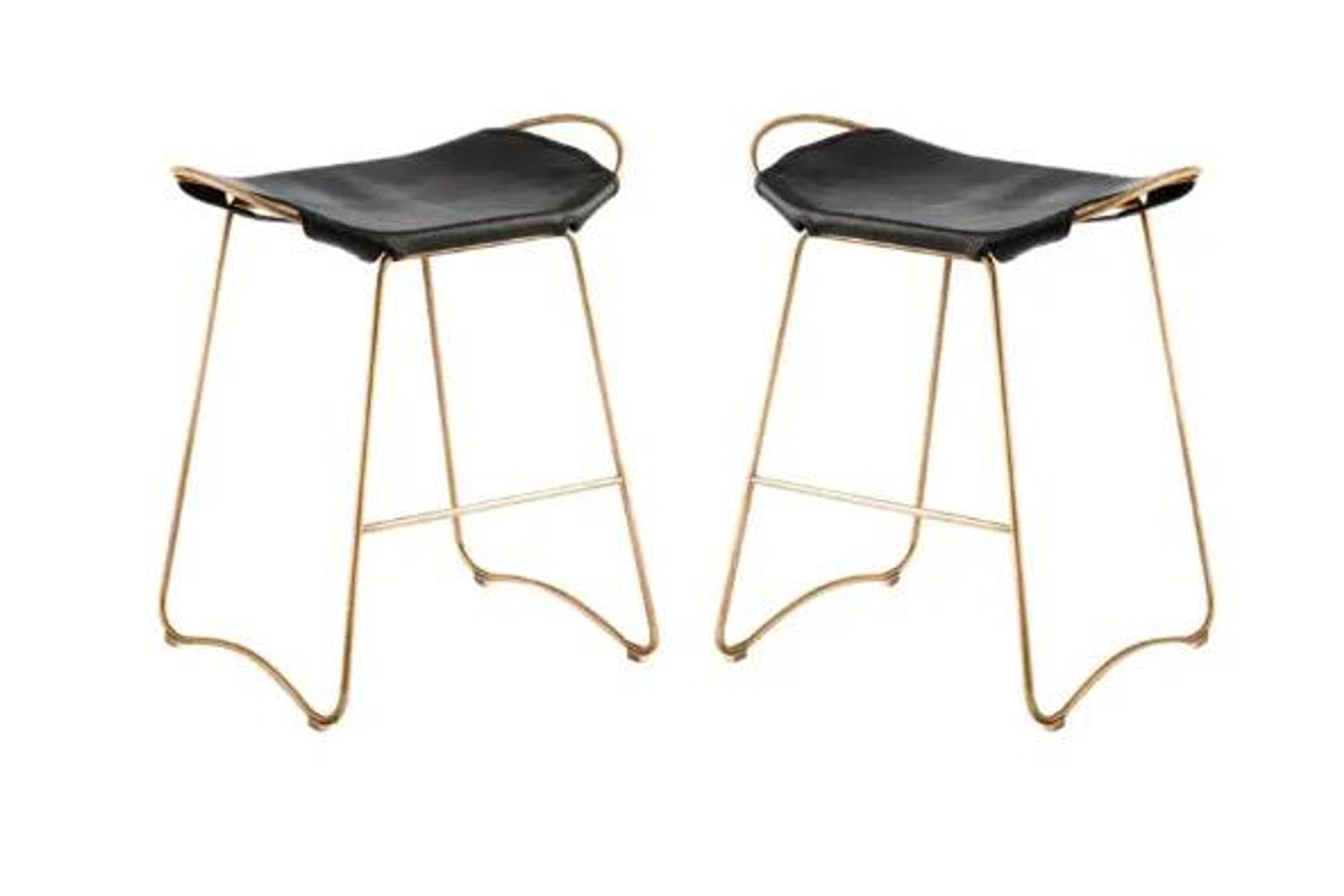 Pair of backless stools, black with brass trim.