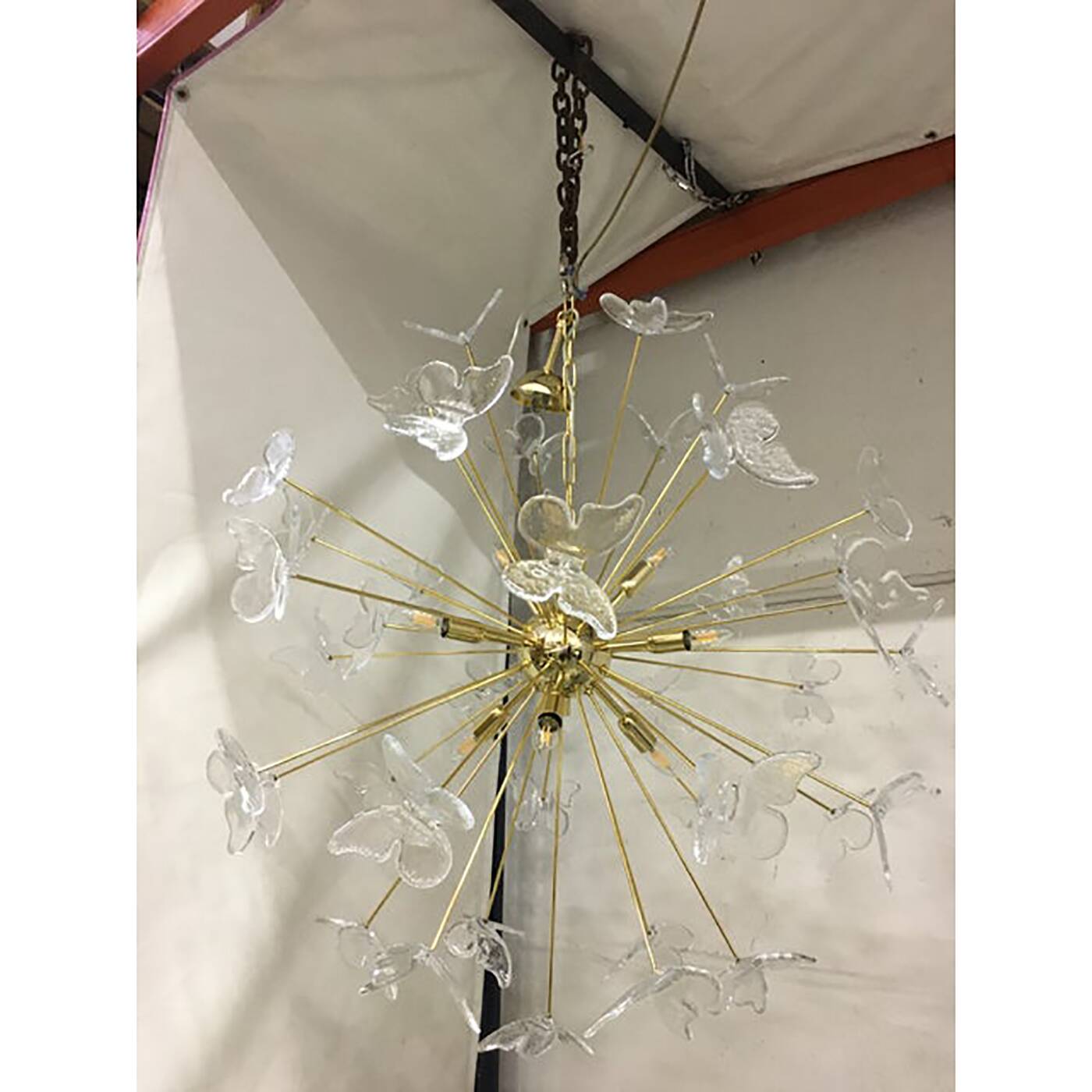 Murano Glass Sputnik Chandelier in Gold 24 Karat and Clear Butterfly