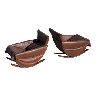 Paire de fauteuils à bascule De Sede, Suisse 1970 en cuir marron