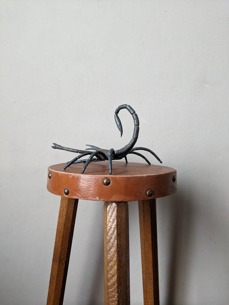 Handcrafted metal scorpion sculpture, curiosity cabinet, arthropod object