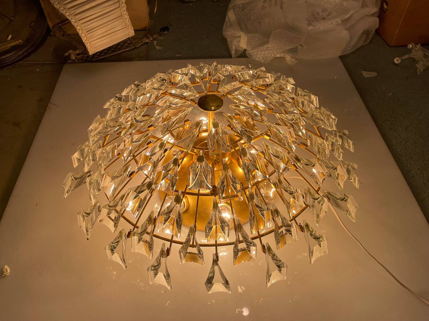 Large Brass Crystal Flushmount by Stilkronen Italy 1970’s