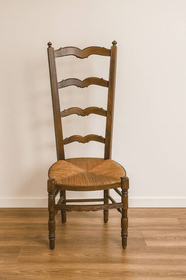 Chaise de nourrice ancienne en bois et paille – dossier ajouré à barreaux c