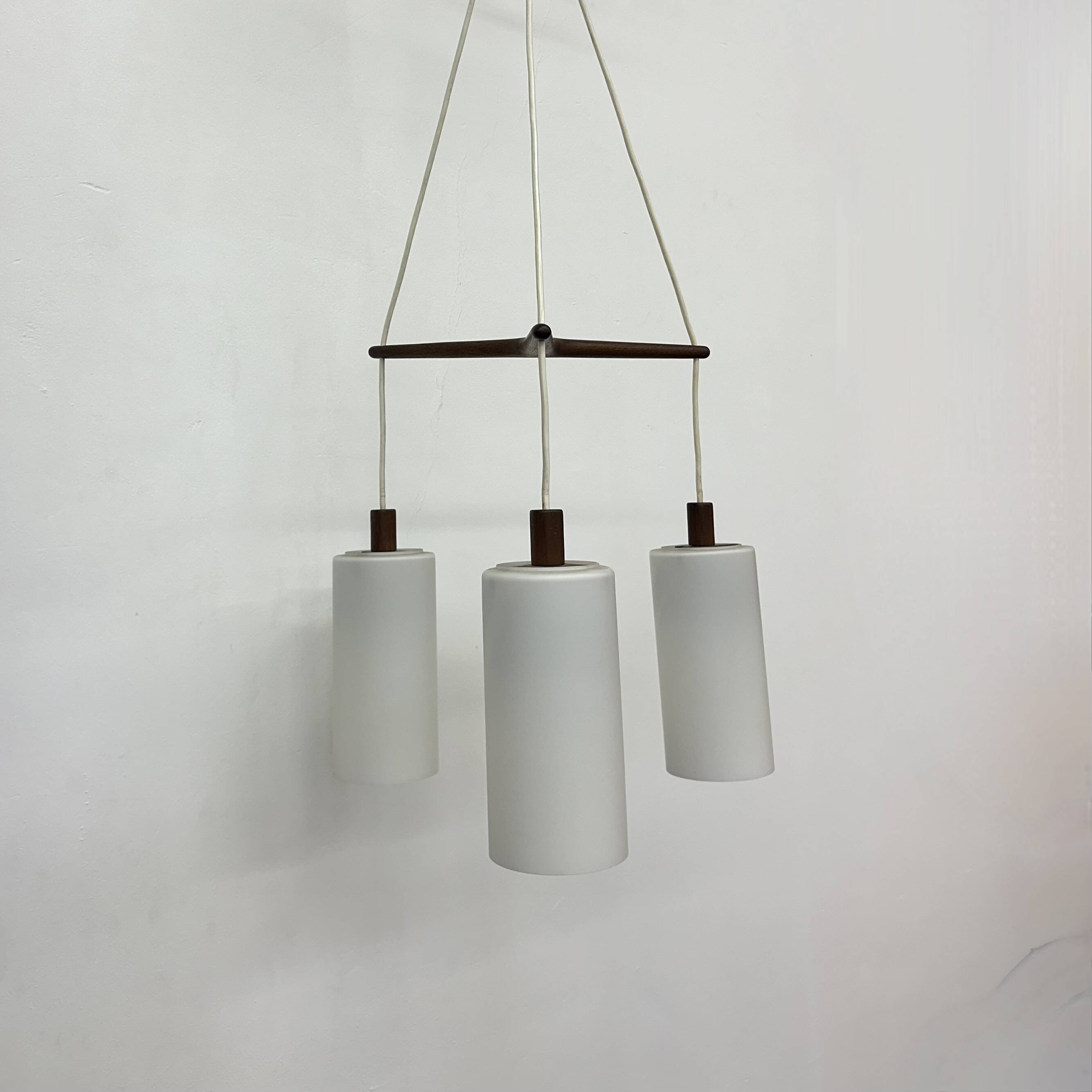 Mid-century design pendant lamp teak and opaline glass , 1970s