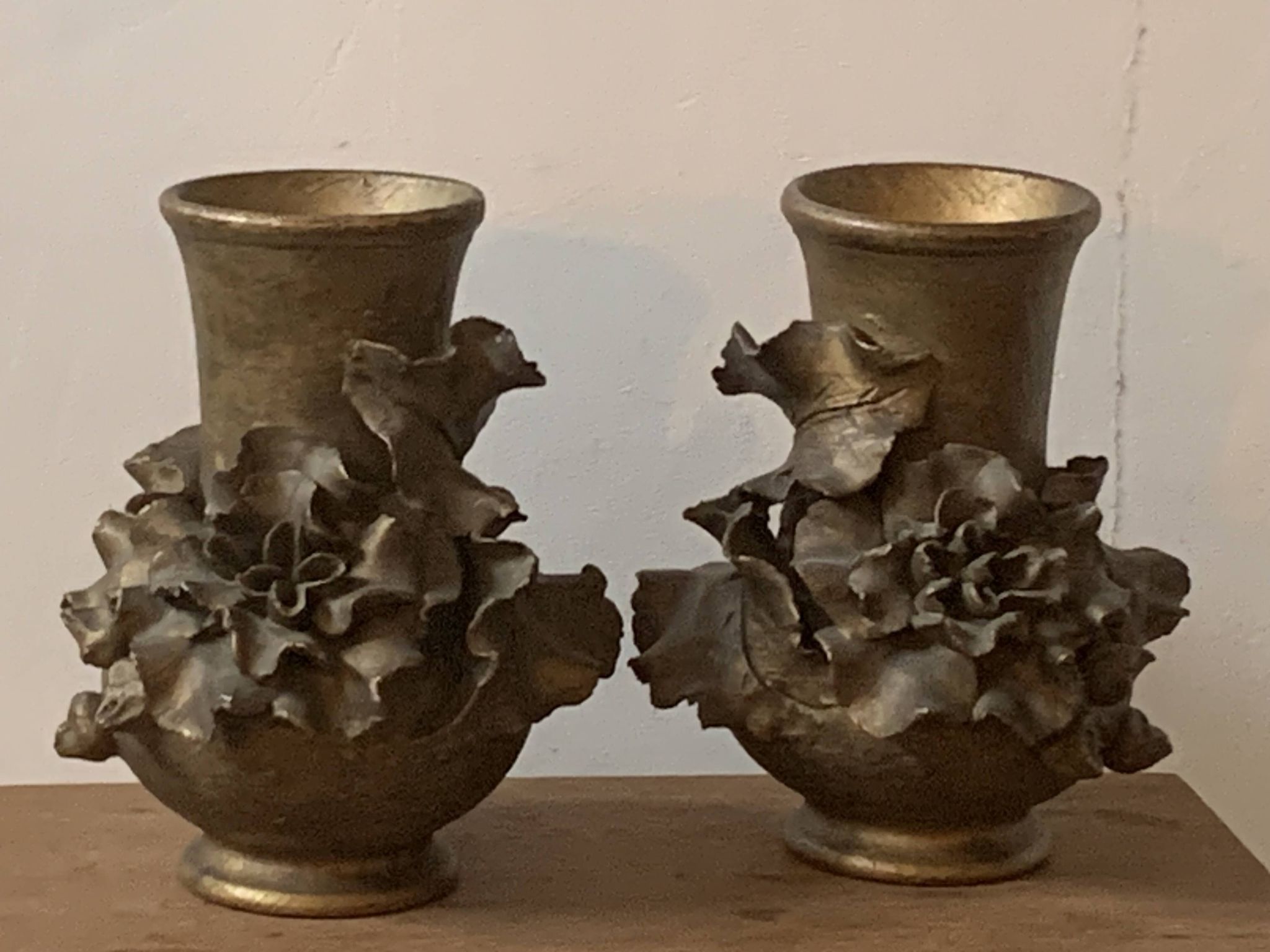 Pair of slip vases, ceramic with golden patina, signed Édouard Gilles.