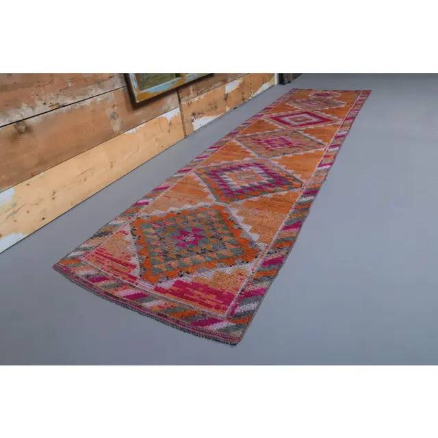 1970s Turkish Handmade Orange Diamond Wool Runner Rug 87x325
