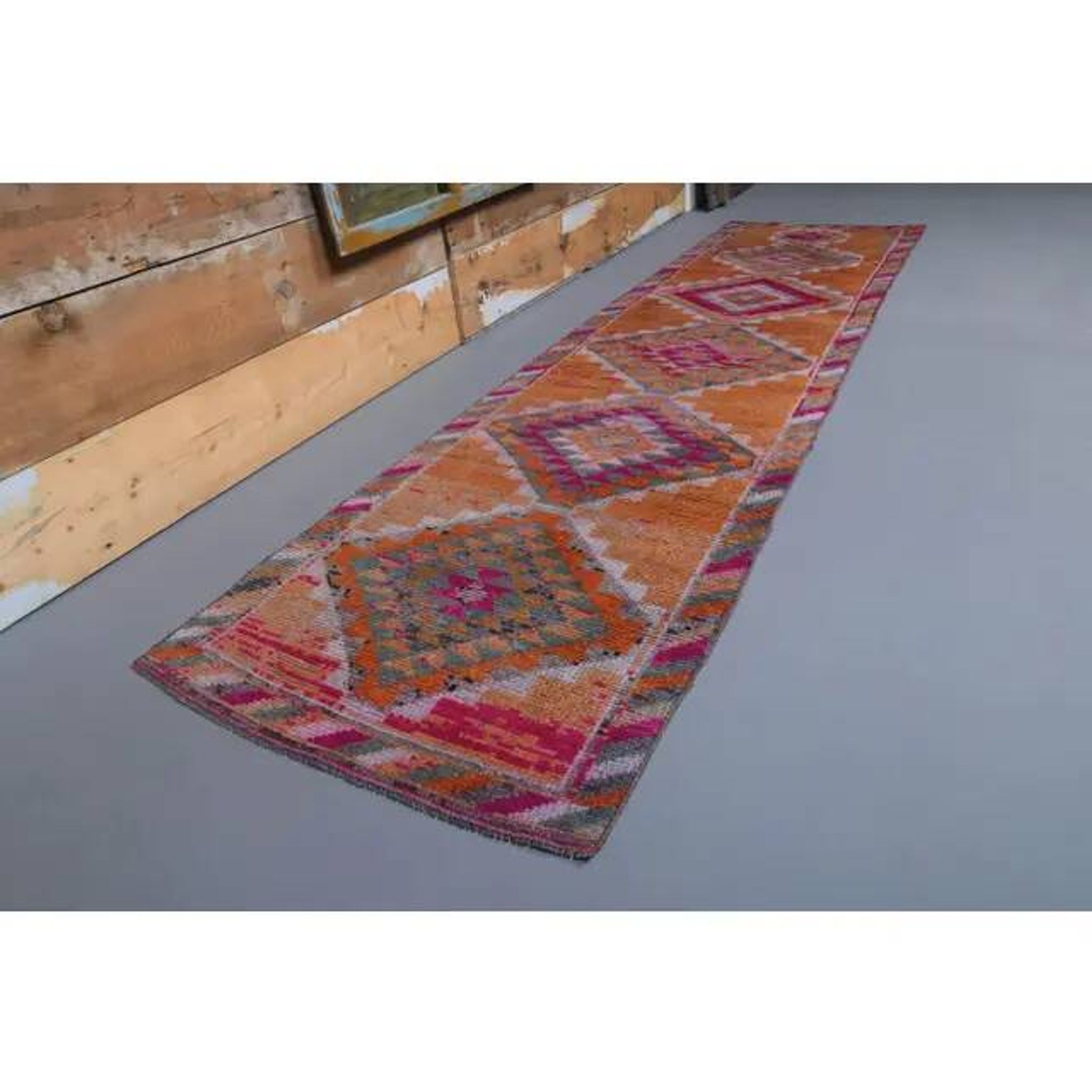 1970s Turkish Handmade Orange Diamond Wool Runner Rug 87x325