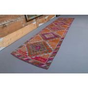 1970s Turkish Handmade Orange Diamond Wool Runner Rug 87x325