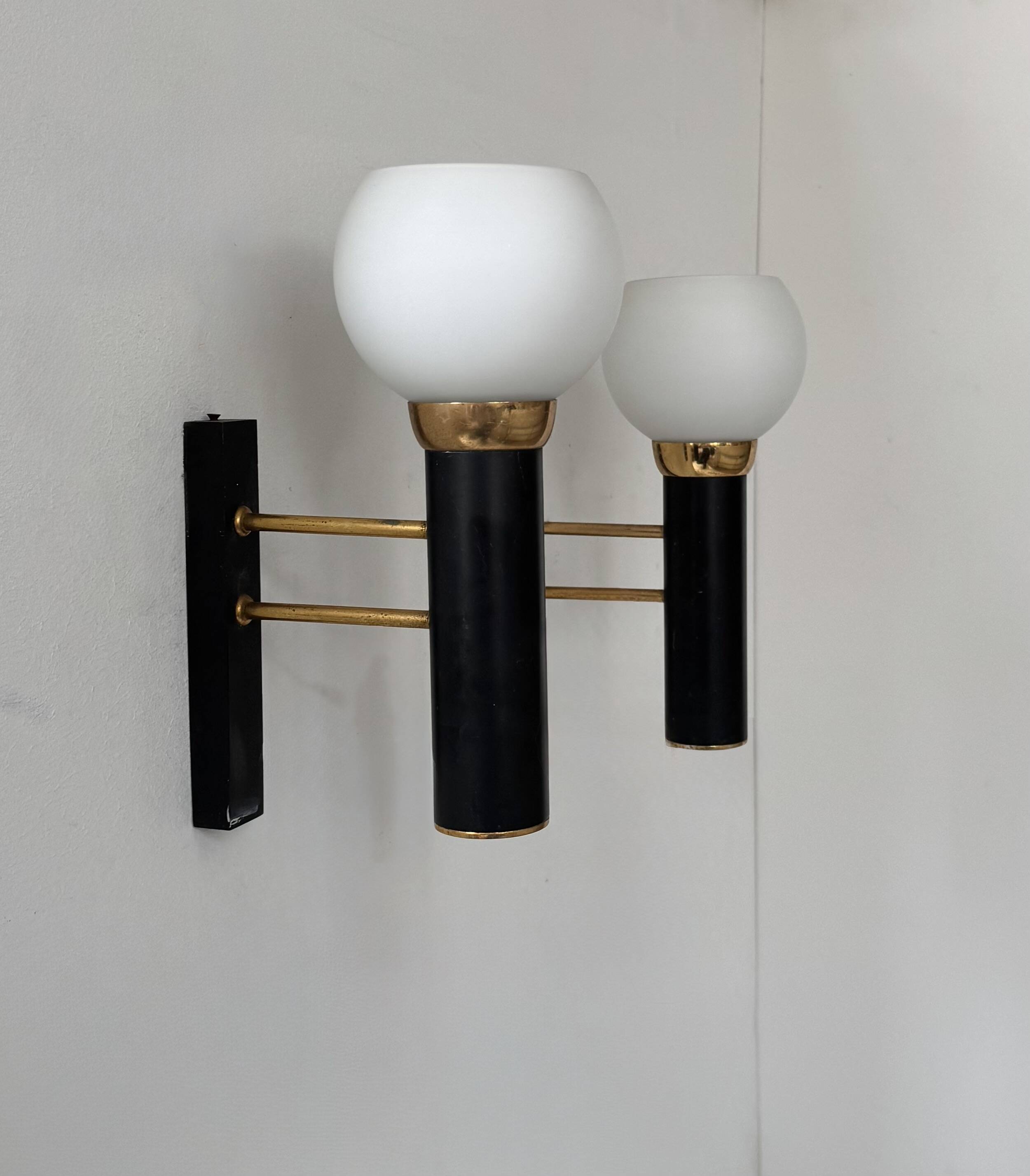 Pair of vintage wall lights, opaline brass and matte black metal, France, 1950