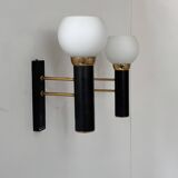 Pair of vintage wall lights, opaline brass and matte black metal, France, 1950