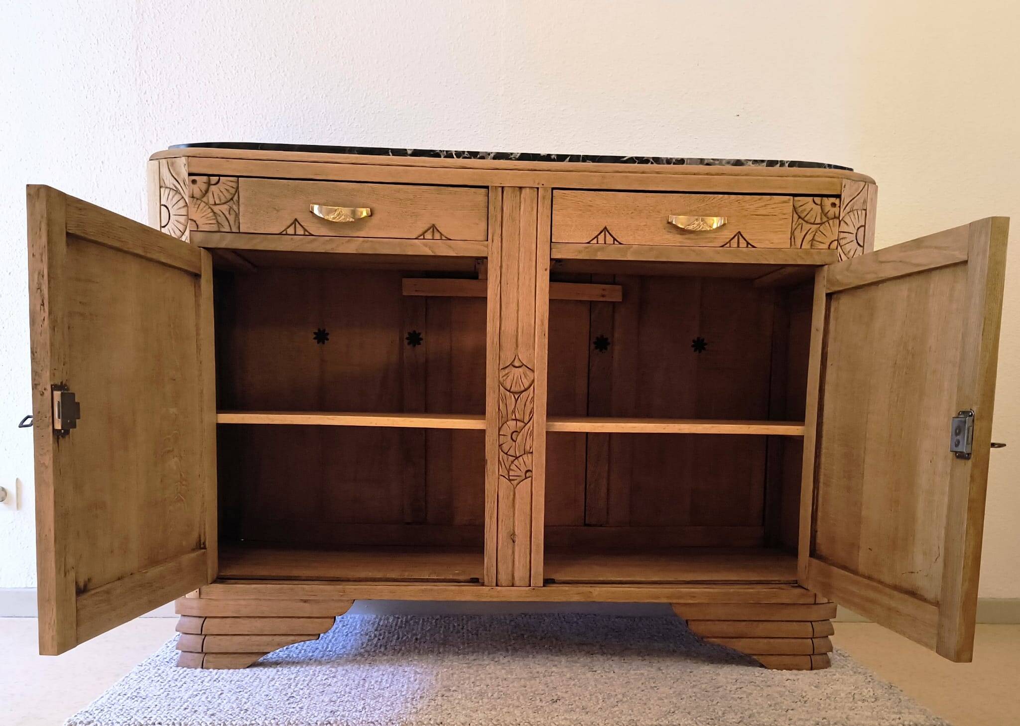 Art Deco Sideboard - Solid Oak - Black Marble