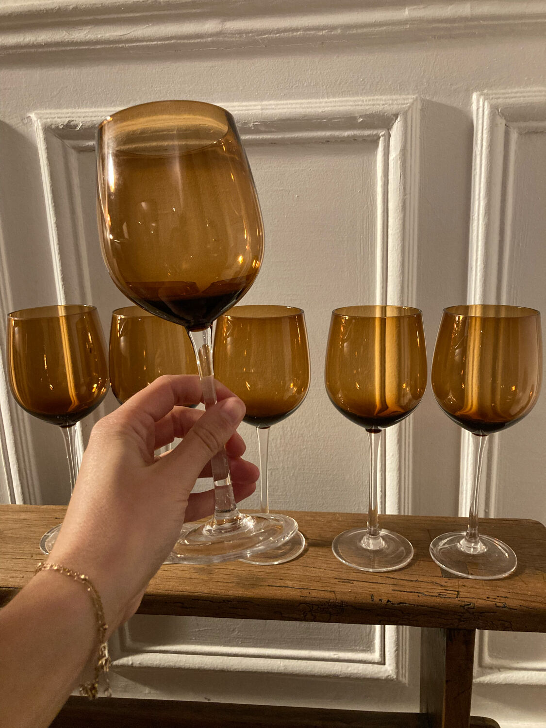 6 amber stemmed glasses