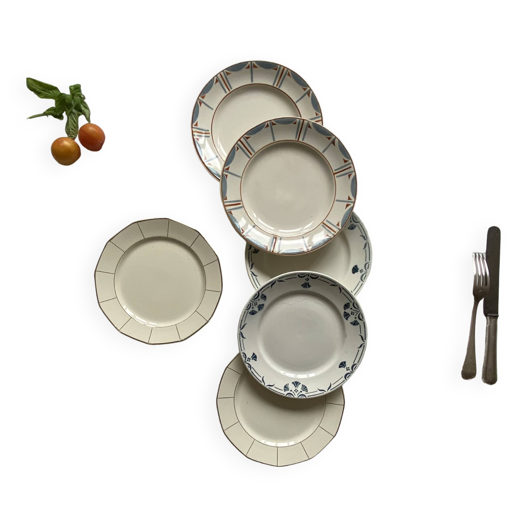Set of 6 mismatched old earthenware dessert plates Badonviller Longwy