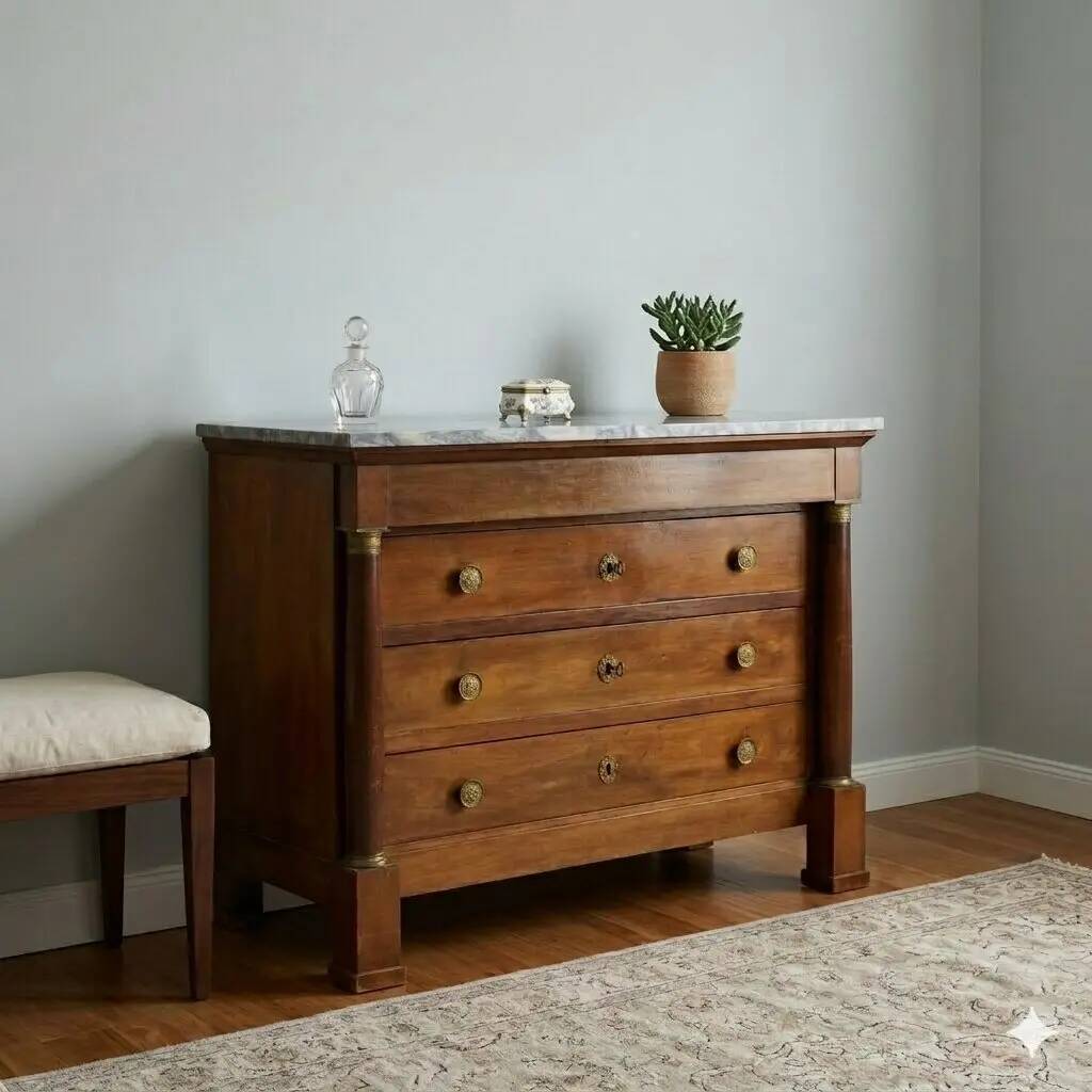Antique Empire walnut and marble commode, 19th century.