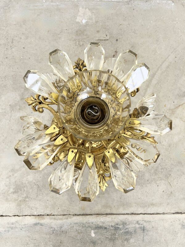 Plafonnier ''Montgolfière'' Ancien – Bronze Doré & Cristal (7 Feux)
